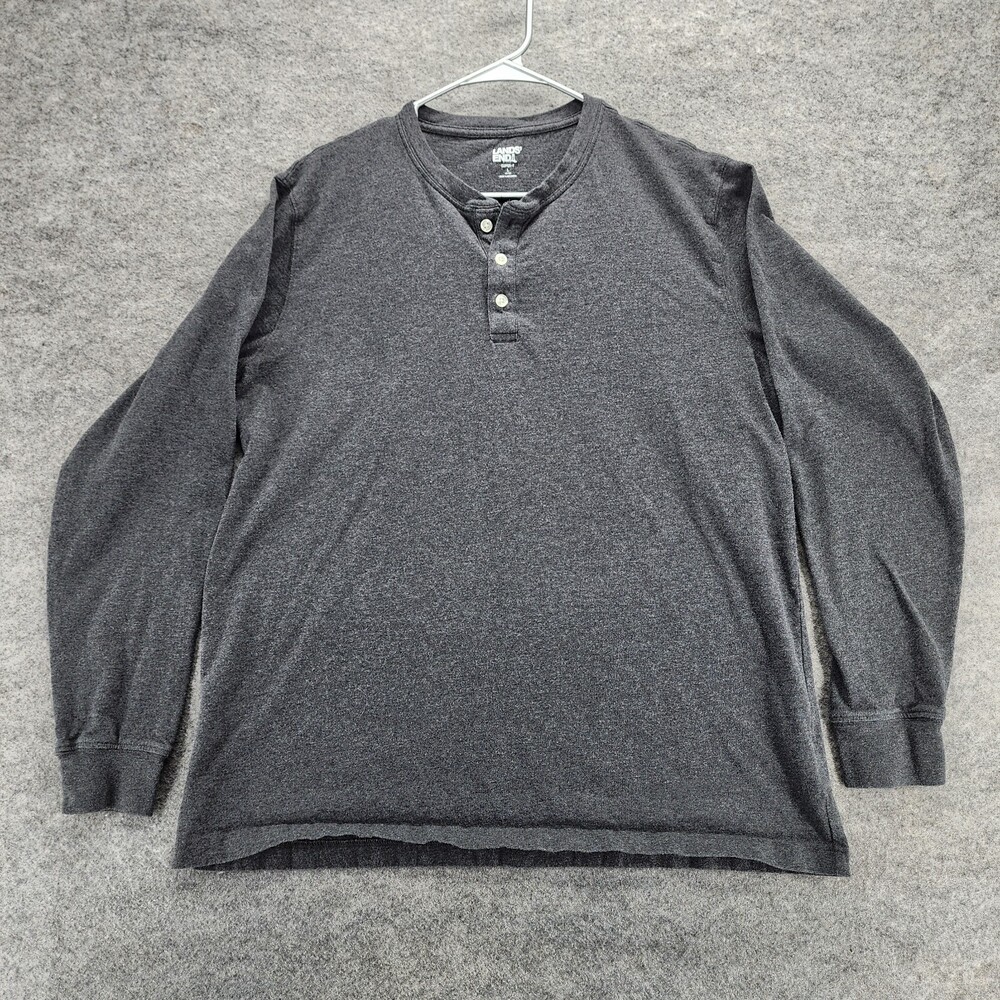 Lands End Henley Shirt Mens Large 42-44 Super T Gray Long Sleeve